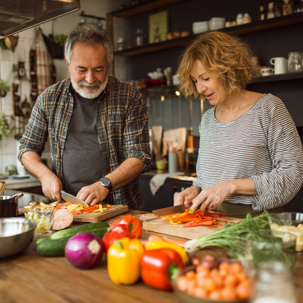 Mosolygós magyar középkorú nő friss zöldségekkel teli kosárral a budapesti vásárcsarnokban, egészséges életmódot tükröző kifejezéssel